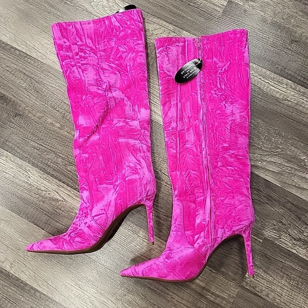 INC Havannah Fuchsia Velvet Knee High Boots 8M Stiletto Pointed Toe Dress , NEW